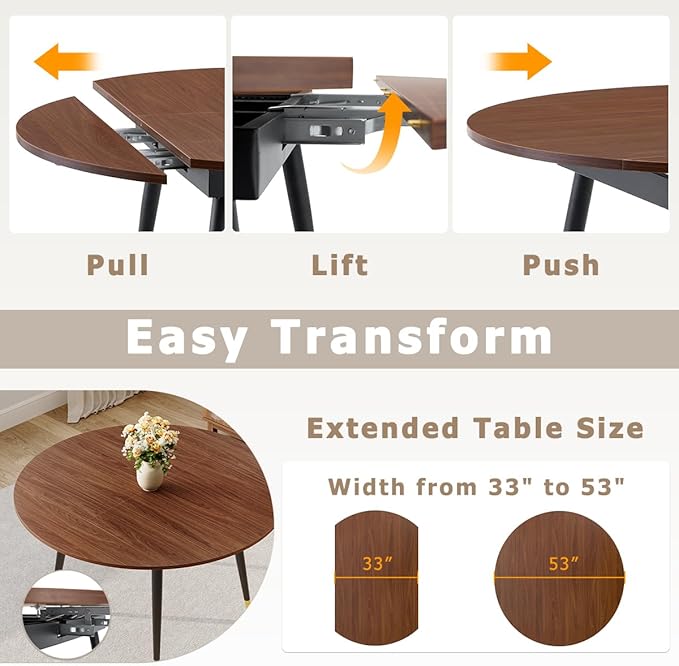 Extendable Dining Room Table｜53” Round Dining Table for 4-6｜Walnut Wooden Tabletop with Metal Legs｜Stable and Sturdy｜Easy Transform｜Easy Assembly｜Space Saving｜for Kitchen, Living Room