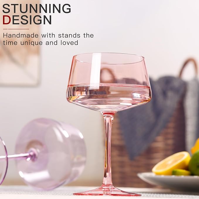 Colored Martini Glasses Set of 6, 13 oz large Coupe Glass, Premium Crystal Cocktail Glasses, Martini Glasses,Champagne Glasses, Handblown Drinkware Set-Wedding,Birthday Gifts