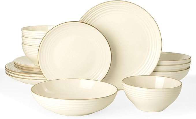 Famiware Jupiter Dinnerware Set with Pasta Bowl, Plates and Double Bowls Dish Sets for 4 (16 Pieces), Microwave and Dishwasher Safe Stoneware Tableware, Chip and Scratch Resistant, Vanilla White