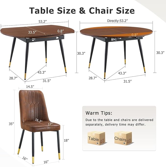 53” Round Dining Table Set for 4｜5 Piece Wood Dining Table Set｜Extendable Dining Room Table with 4 Chairs｜Walnut Wooden Tabletop with Metal Legs｜Easy Assembly｜Space Saving｜for Kitchen, Living Room