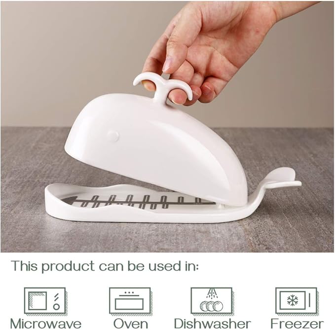 DOWAN Porcelain Butter Dish With Cutting Measuring Line, Large Whale Butter Dish with Cover of Non-slip Design, Ceramic Butter Dishes with Handle for East/West Coast Butter, Soft White