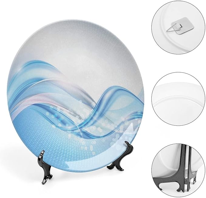 Ceramic Display Plate, Abstract Ceramic Hanging Decorative Plate, Modern Wavy Ocean Surfer Summertime Themed, 6 Inch, Household Custom Ceramic Plate, Pale Blue and White