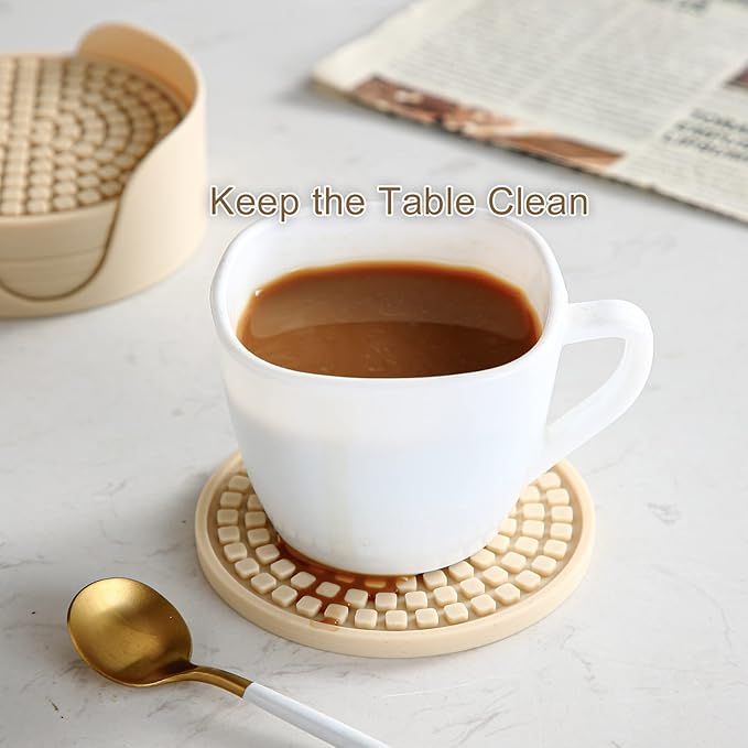 Colinda Silicone Drink Coasters with Holder, Set of 6, Outdoor Cup Mat for Hot or Cold Drinks, Thickened, Non-Slip,Non-Stick, Merlot Red