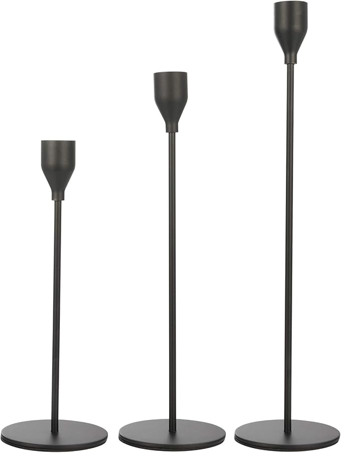 Set of 3 Black Candlestick Holders - Decorative Taper Candle Holders for Home Decor, Wedding, Dining, Party, Anniversary