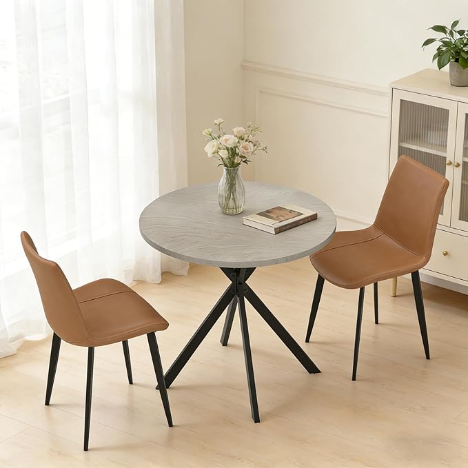31.5" Round Dining Table and Chairs Set for 2, Small Dining Table Chairs Set Space-Saving, Small Dinette Sets for 2 for Kitchen Dining Room Apartment(Gray Table +Brown Chairs)