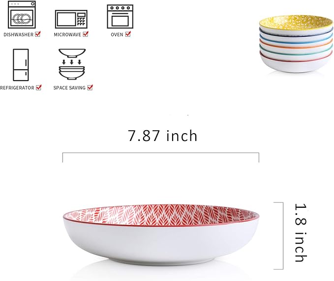 Selamica Porcelain Salad Pasta Bowls, Serving bowls - 26 Ounce, Set of 6, Assorted Colors