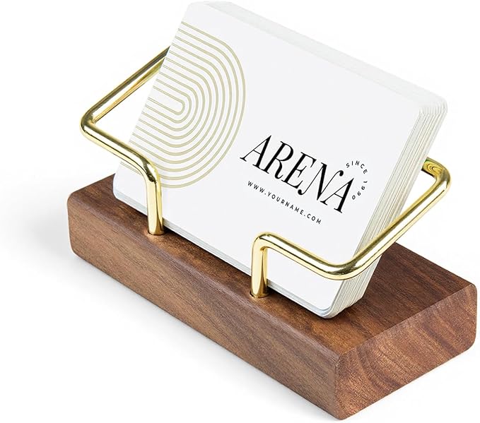 Business Card Holder for Desk, Minimalist Wooden Desk Organizer with Brass Metal Frame, Stylish Office & Home Decor for Professional Card Display(Walnut Rectangle)