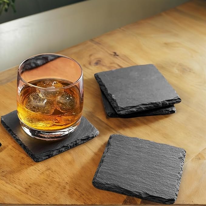 48 Pack 4 inch Round Slate Coasters,Handmade Natural Rough Edge,with Integral Anti-Skid pad,Laser Engraving Blanks,Stone Coasters