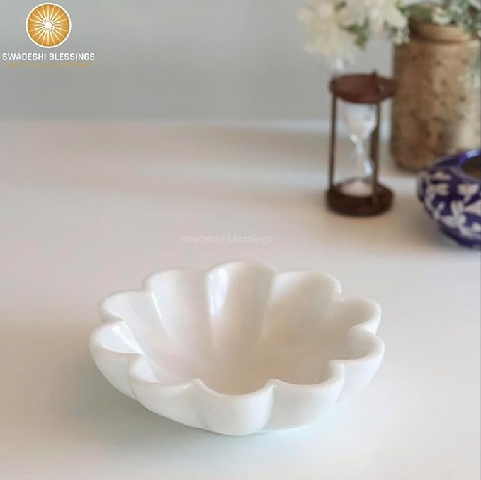 SWADESHI BLESSINGS HandCrafted Marble Decorative Bowl | White Ruffle Scalloped Fluted Key/Fruit Ring Dish | Organic Modern Home Decor (7 Inches)