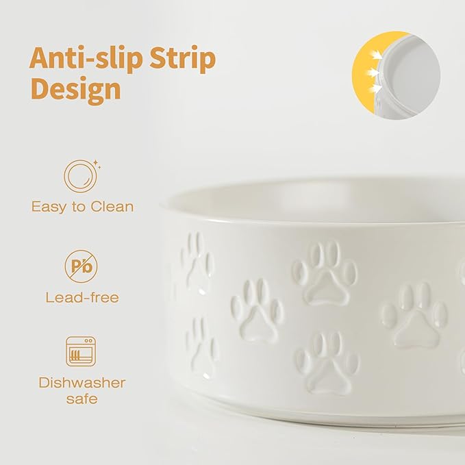 Ceramic Dog Bowl Set, 7.3" Dog Bowls with Anti-Slip Rings for Medium Breed Dogs, 5 Cup Food and Water Bowls, Pet Dishes for Medium-Sized Dogs, Microwave Safe (Double Bowls - White, 7.3 inch)