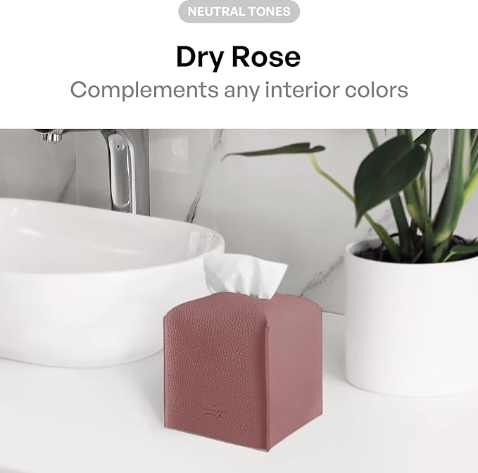 Carrotez Tissue Box Cover, [Refined] Modern PU Leather Square Tissue Box Holder - Decorative Holder/Organizer for Bathroom Vanity Countertop, Night Stands, Office Desk & Car 5"X5"X5" - Dry Rose