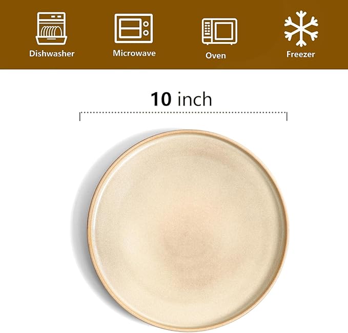 vicrays Ceramic Dinner Plates Set - Porcelain 10 Inch Flat Steak Pasta Pizza Plate Home Party Restaurant Plate Scratch Resistant Microwave Oven and Dishwasher Safe Set of 6 Beige