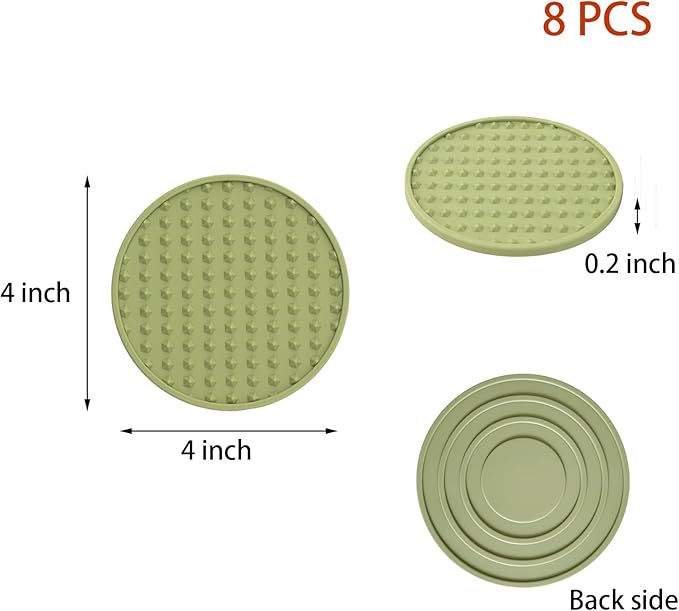 Set of 8 Silicone Coasters, 4'' Drink Coaster with Holder, Round Coasters for Drinks Beer Coffee Home Office Bar Desk Tabletop Protection, Non-Slip Rubber Coaster (Green, 8 Pcs-Metal Holder)