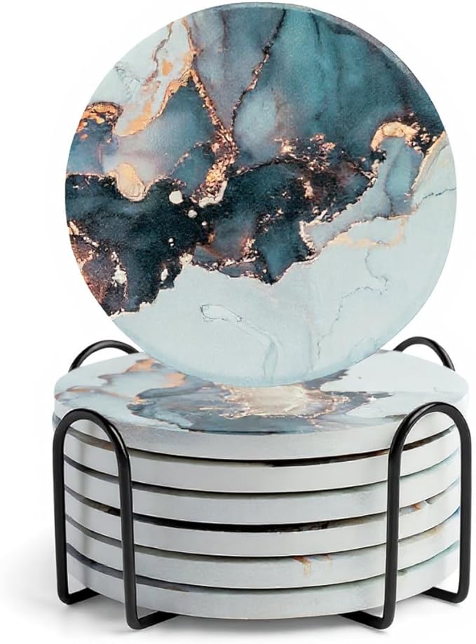 Ceramic Absorbent Coasters Set of 6 with Holder, Marble Drink Coasters for Coffee Table, Water-Absorbing Stone Coasters, (Twinkle Black)