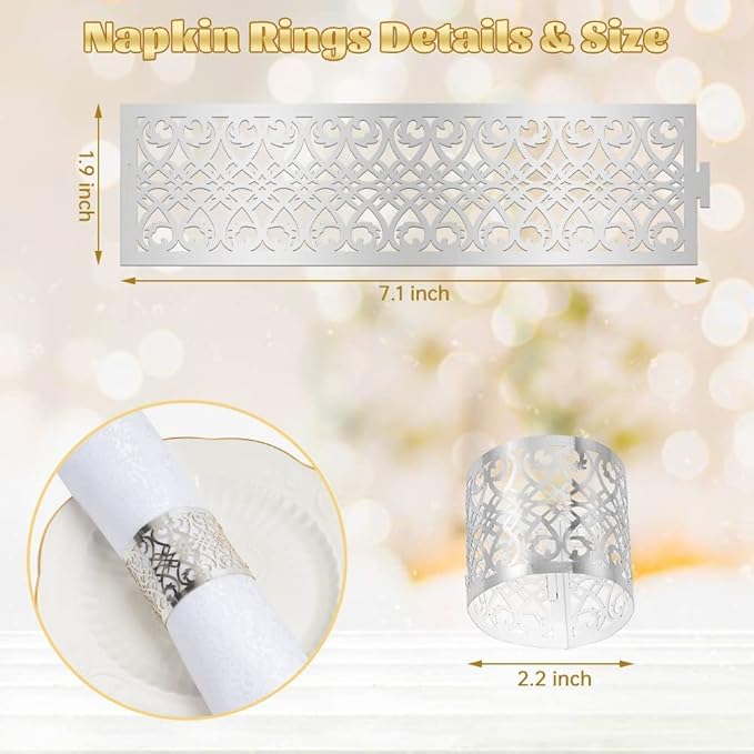 100 Pcs Napkin Rings Laser Cut Premium Paper Napkin Holder for Wedding Party Christmas Dinner Serviette Table Restaurant Celebration (Silver)