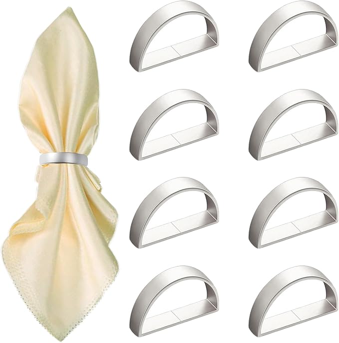 8 Pcs Silver Napkin Rings - Metal Napkin Ring,Stainless Steel Napkin Rings for Table Settings Wedding Christmas Party Dinner Table(Semicircle)