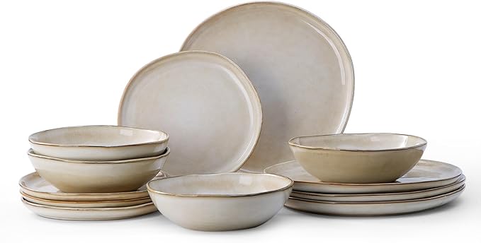 Bestone 12 Piece Round Kitchen Dinnerware Sets，Plates and Bowls sets,Dishes, Plates, Bowls, Dish Set, Chip Resistant Ceramic Dinnerware Set, Dishwasher/Microwave Safe,Service for 4,Brown