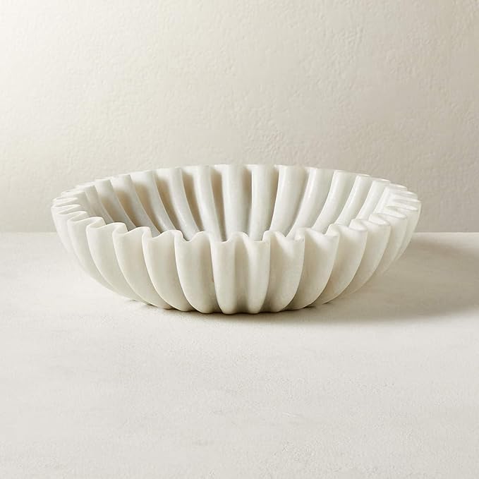 White Marble Scalloped Bowl 9 Inches for Table Centrepiece, Marble Fluted Bowl for Home Decor, Natural Stone Fruit Tray, Jewellery Display Dish