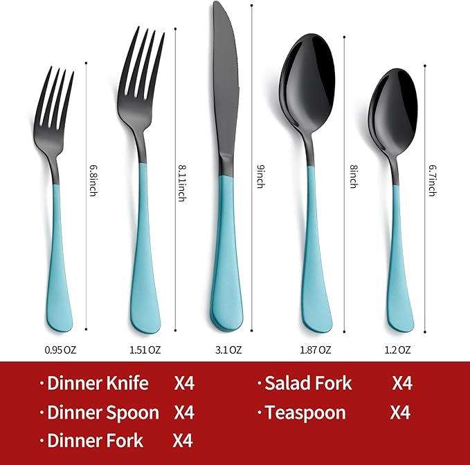 20-Piece Lake Blue Silverware Set 18/0 Stainless Steel Black Silverware Set Lake Blue Handle Cutlery Black Set Service for 4 Dinner Knives Forks Spoons Flatware Set Dishwasher Safe