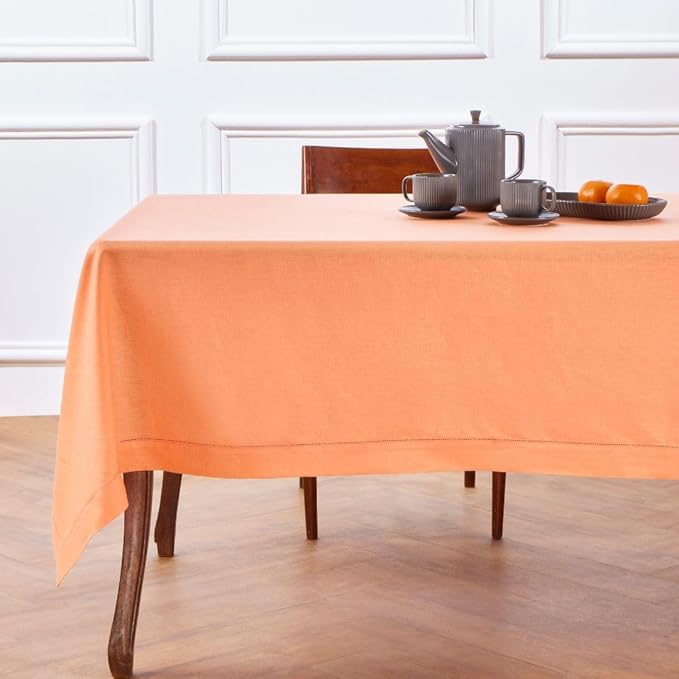 Solino Home Coral Linen Tablecloth 52 x 52 Inch - 100% Pure Linen Square Table Throw - Classic Hemstitch, Machine Washable Table Cloth for Valentines, Spring, Easter