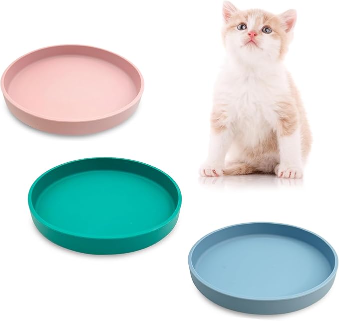 Silicone Cat Food Bowl Shallow Dishes 5.9in Wide Cats Bowls 3 Pcs Kitty Plates Relief Whisker Fatigue Puppy Feeding Bowl for Dry and Wet Food Indoor (Blue + Pink + Green)