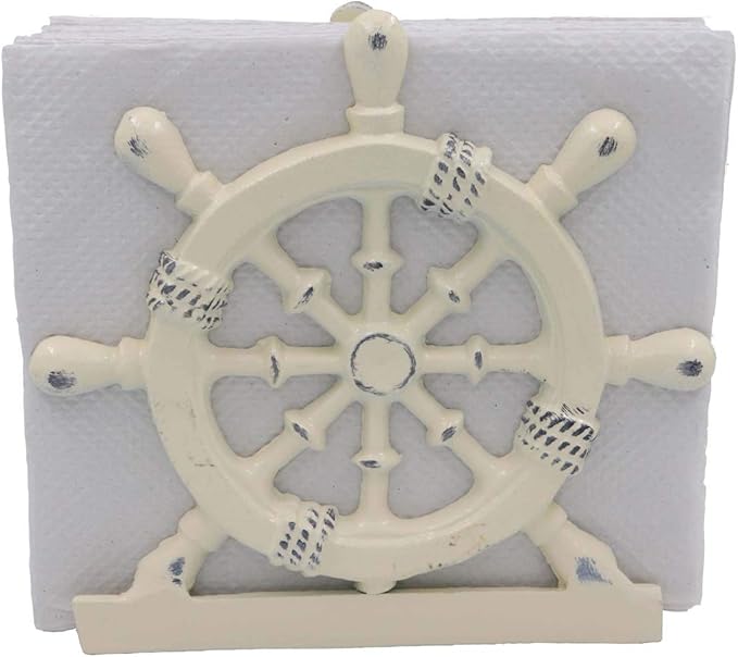 THDC Nautical Napkin Holder, Lunch, Dinner, Nautical Collection Napkin Holder, Made of Metal (Wheel Distressed Ivory)