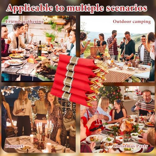 Supernal 30 Pack Pre Rolled Gold Plastic Silverware with Red Napkins - Image 6
