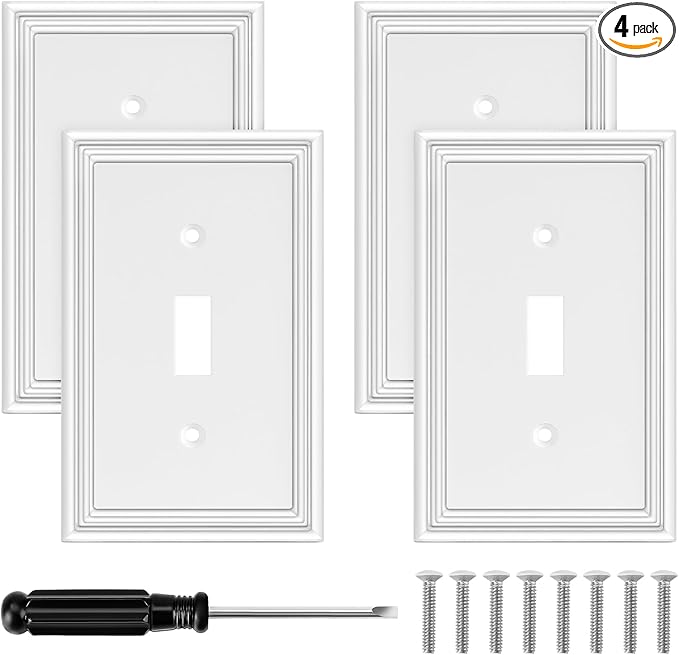 White Modern Decorative Wall Plate Light Switch Cover Decorator Outlet Covers Rocker Switch Plates Bamboo Fiber Material Wall Plates for Kitchen Bathroom (1 Gang Single Toggle-4 Pack)