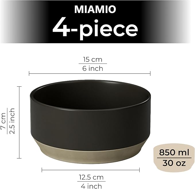MIAMIO – Bowl Set of 4 / Ceramic Bowl Set (30 oz) for Pasta, Ramen, Cereal, Salad – Dishwasher and Microwave Safe – Sierra Collection (Dark, Bowls (4x))