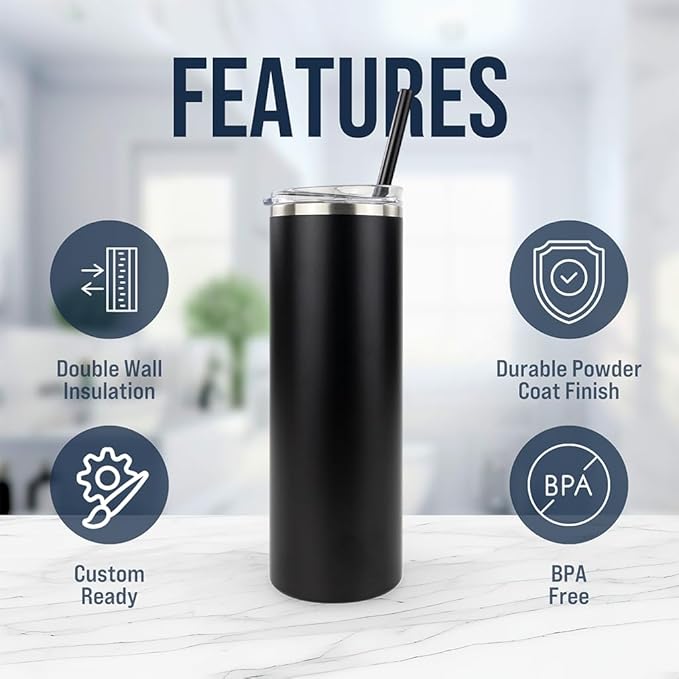 Hogg 20 oz Skinny Case (24 Units) - Black, Powder Coated Tumblers for Laser Engraving, Engravable Tumblers Bulk, Stainless Steel Cups Bulk, Insulated Cups with Lids and Straws