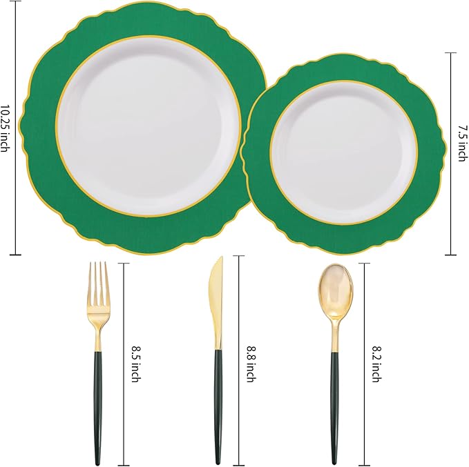 WDF 30Guest Christmas Plates Disposable - Gold Plastic Silverware With Green Handle - Baroque Green &Gold Plastic Dinnerware for Wedding Birthday Party St. Patrick’s Day