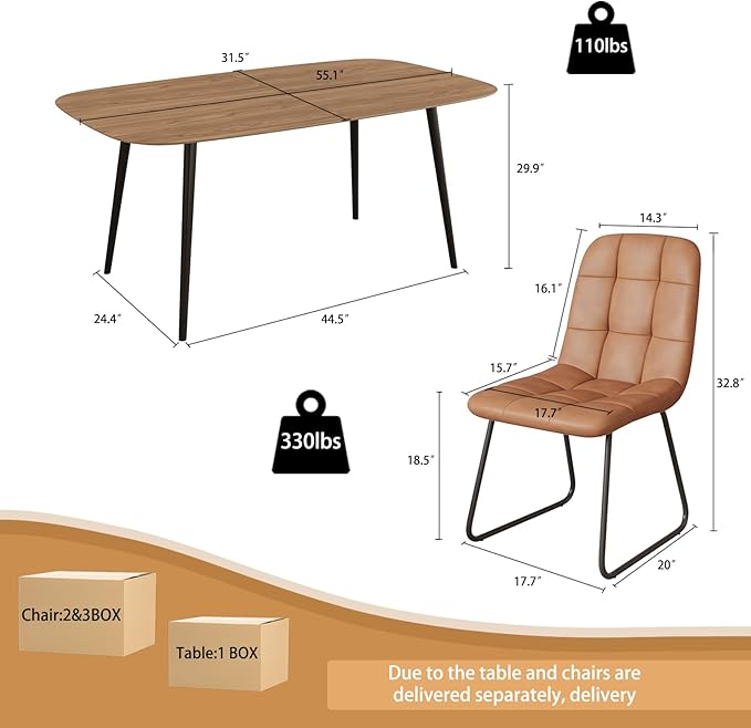 55.1'' Dining Table Set for 4,Modern Wood Dining Table,Leather Dining Chairs 4,Table and Chairs Set of 4,Ideal for Kitchen Dining Room (Walnut Color Table + 4 U-Shaped Brown Chairs, 55.1")