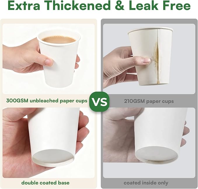 12 oz Coffee Cups Disposable White Paper Cups, 100 Pack BPA Free Leak Proof Hot Cups, 300GSM Thickened Disposable Cups,Unbleached Hot Cold Drink Cups for Everyday Home Office Coffee Bar Party Supplies