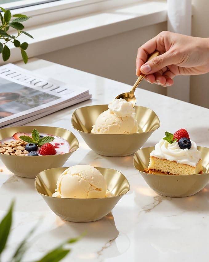 bUCLA 50Pack Gold Plastic Small Bowls - 8oz Disposable Ice Cream/Salsa/Dipping/Dessert/Sauce/Small Serving Bowls for Party