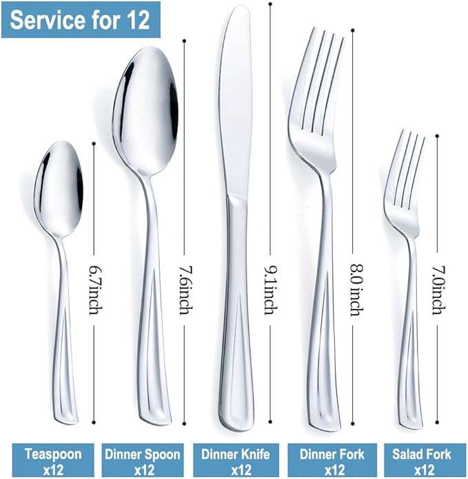 60-Piece Silverware Set for 12, GoGeiLi Stainless Steel Flatware Cutlery Set for 12, include Fork, Knife and Spoon Set, Mirror Finished