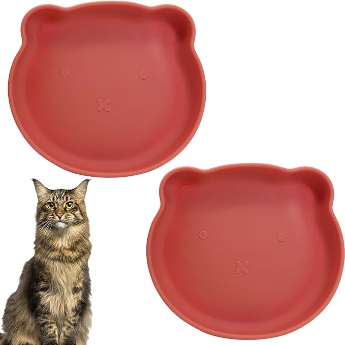 Silicone Cat Food Bowl Suction Cup Cat Dish 7" Shallow Cats Food & Water Bowls Set of 2 Non-Slip Kitty Plates Relief Whisker Fatigue Puppy Feeding Bowl for Dry & Wet Food (Red)