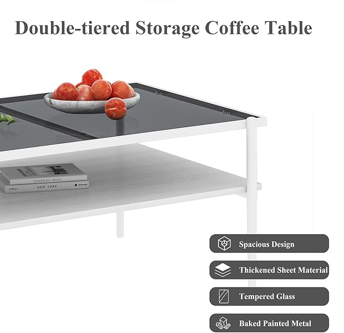 Mid Century Modern 2-Tier Coffee Table with Gray Tempered Glass Top & Wood Storage Shelf – Space-Saving Center Table for Living Room, Apartment & Small Spaces (White)