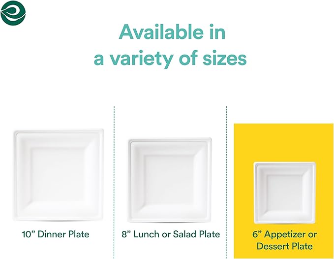 ECO SOUL Compostable Square Paper Plates 6 Inch (400 Count) Small Plates for Dessert, Heavy Duty, Eco-Friendly Sugarcane Bagasse For Appetizer- White