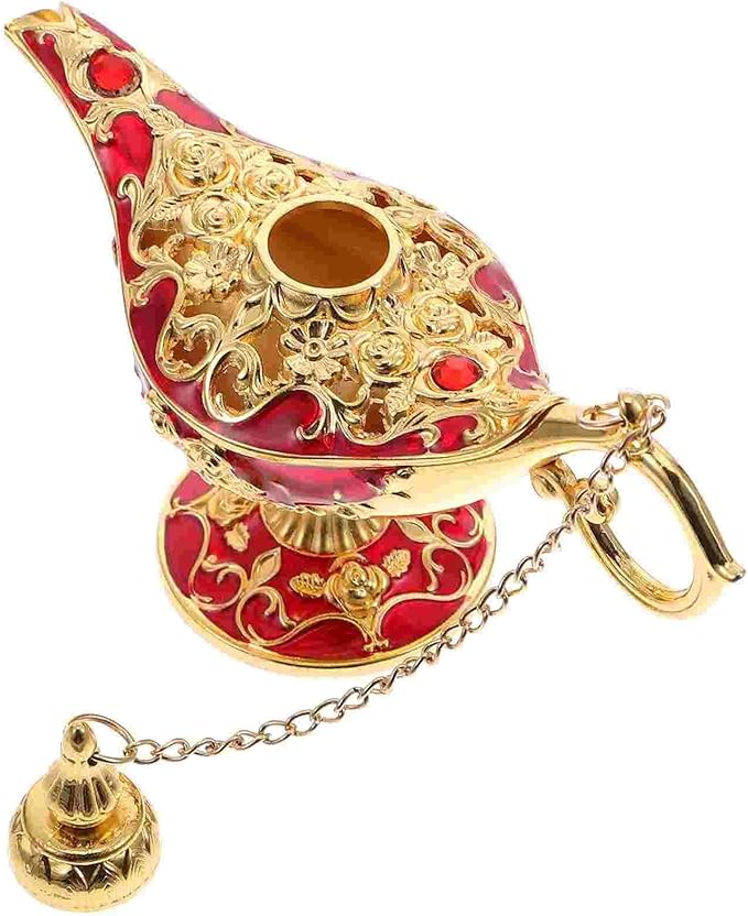 Mini Vintage Aladdin Magic Genie Lamp,Metal Wishing Light,Arabian Costume Props Lamp Tabletop Decor Crafts for Home/Wedding Decoration&Gift for Party/Halloween/Birthday (Golden Red)