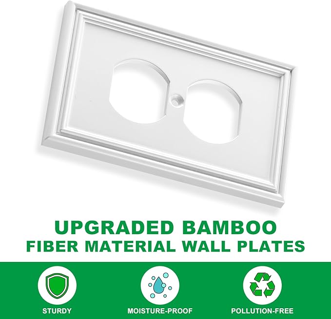 White Outlet Covers Wall Plate Modern Decorative Light Switch Cover Switch Plates Outlet Cover Bamboo Fiber Material Wall Plates for Kitchen Bathroom (1 Gang Duplex Outlet-4 Pack)