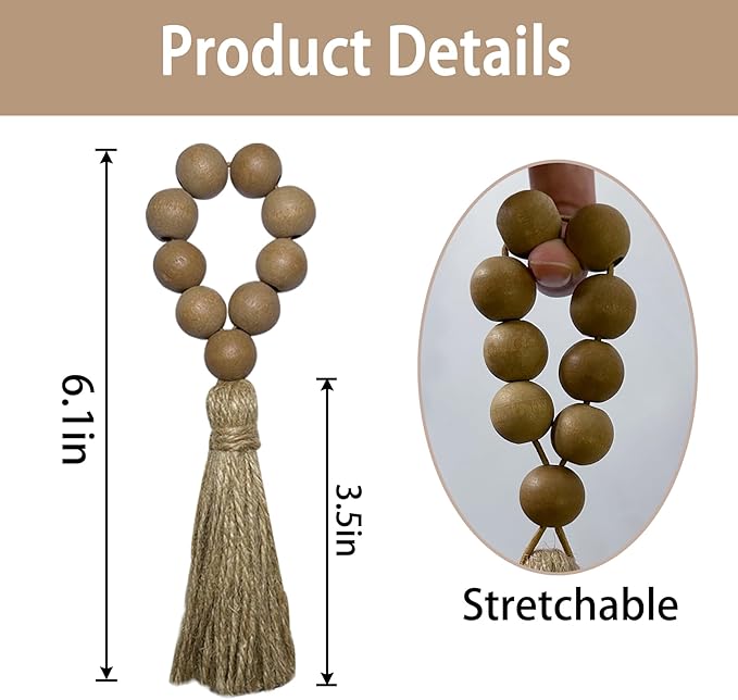 Napkin Rings Set of 12, Wooden Napkin Rings,Wood Bead Elastic Farmhouse Napkin Ring with Tassel,Boho Napkin Holder for Table Decor,Weeding,Dinner,Party(Light Brown)