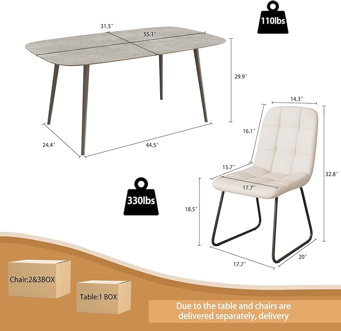 55.1'' Dining Table Set for 4,Modern Wood Dining Table,Leather Dining Chairs 4,Table and Chairs Set of 4,Ideal for Kitchen Dining Room (Gray Table + 4 U-Shaped White Chairs, 55.1")