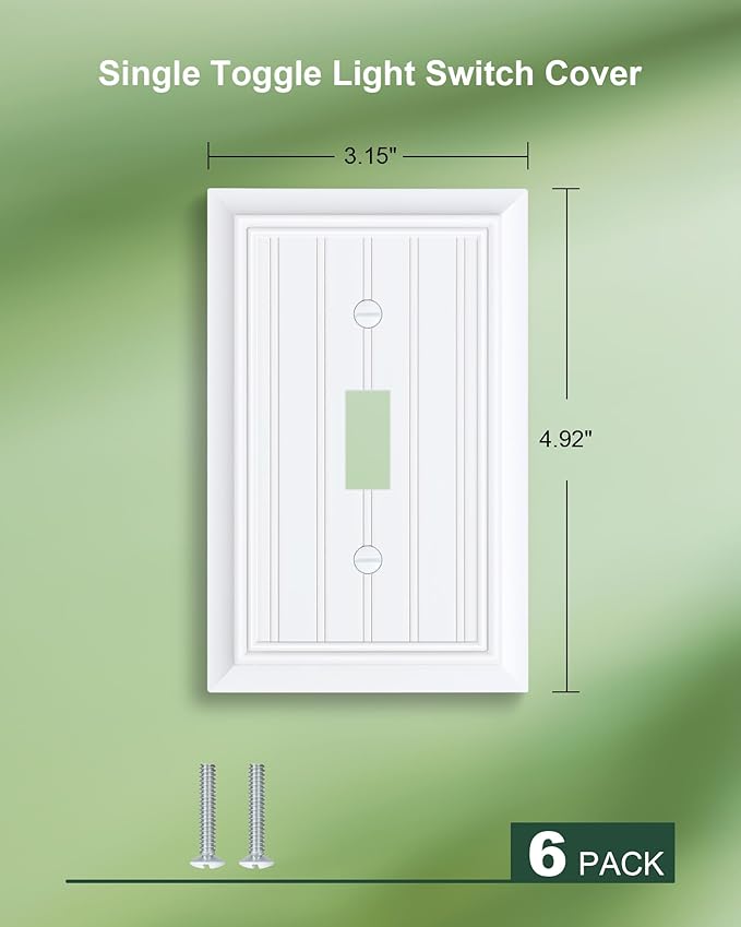 6-Pack Classic Beadboard Single Toggle Light Switch Cover Plate, Durable Natural Bamboo Fiber Decorative Switch Plate Covers, Pure White 1 Gang Wall Plate