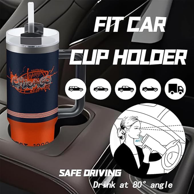 Chicago 30 oz Tumbler with Handle and Straw,Car cup,Coffee Mug,100% Leakproof Insulated Tumbler with Lid and Straw,Made of Stainless Steel,Cup Holder Friendly Base,Classic Collection Gifts for Fans
