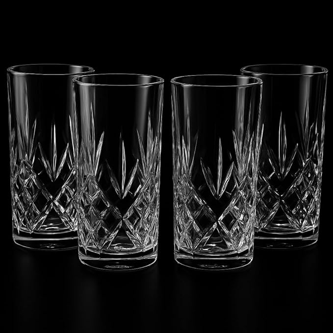 Crystal-Style Highball Glasses, Clear Cut Glass, 12.3 oz Capacity, Diamond Pattern, Cocktail Drinking Tumblers, Set of 4