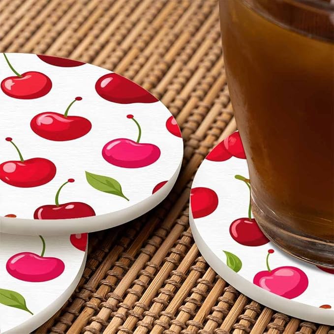Cherry Berries Coasters for Drinks Office Coffee Table Healthy Fresh Fruit Food Glossy Leaf Organic Ripe Sweet Graphic Living Room Decor Set of 2 for Cold Drinks Wine Mugs and Cups 4 Inch