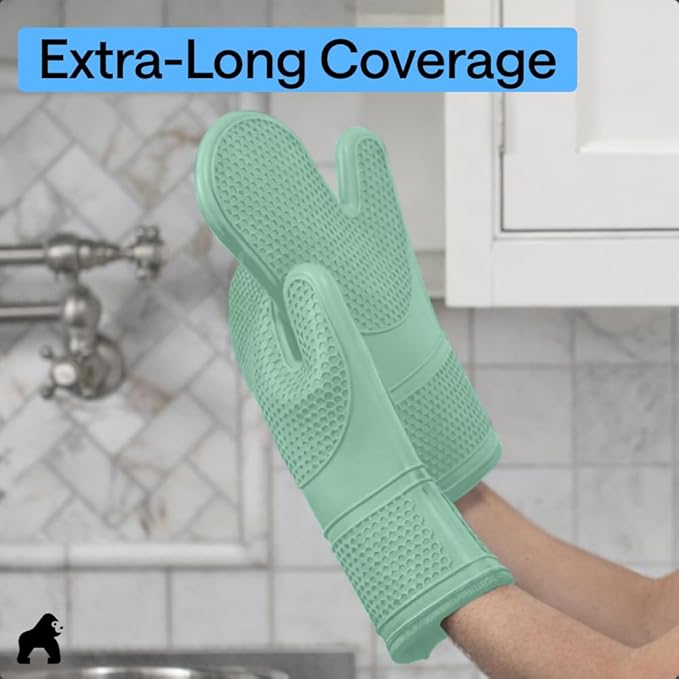 GORILLA GRIP BPA-Free Soft Silicone Oven Mitts, 14.5x8.3, Heat Resistant and Waterproof Cooking Gloves, Thick Cotton Lining, Flexible Gripping for Baking Grilling, Kitchen Potholders Set of 2, Mint