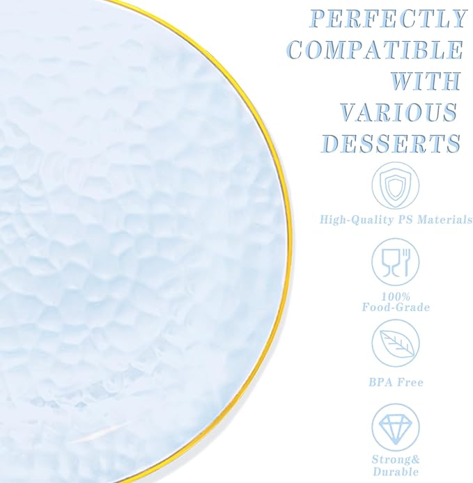 Rubtlamp 60 Pcs Blue Gold Plastic Plates, Hammered Plastic Dessert/Salad Plates, 7-Inch Blue Dessert Platos,Appetizer Platos Disposable Perfect For Wedding