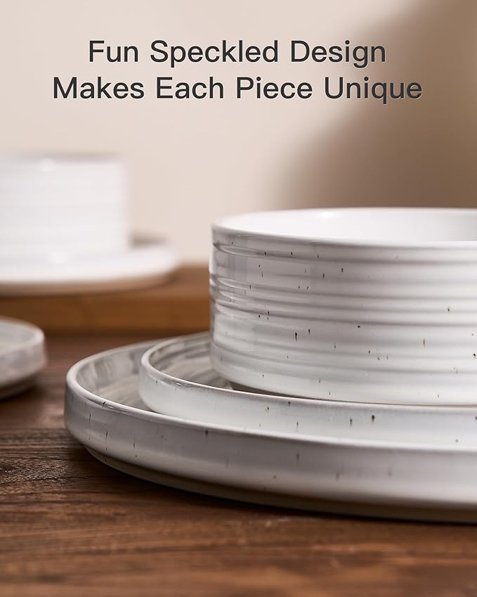 Stoneware Dinnerware Set, Highly Chip & Scratch Resistant Everyday Plates and Bowls for 8 (24pcs), Reactive Glaze Speckled Ceramic Straight Dishes with Gift Box, Microwave Dishwasher Safe, White