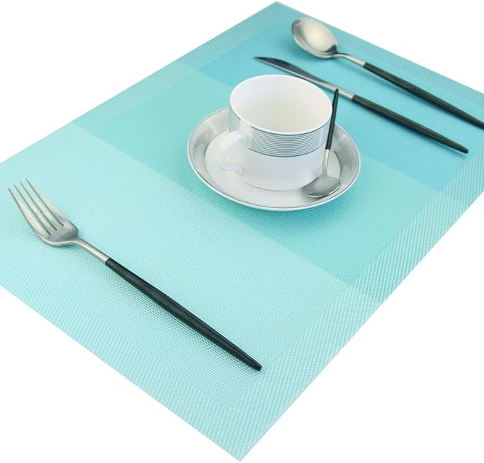 PIGCHCY Placemats Non-Slip Plastic Placemats,Easy to Clean Woven Vinyl Placemats for Dining Table 18x12 Inches Washable Table Mats Set of 6 (Turquoise)